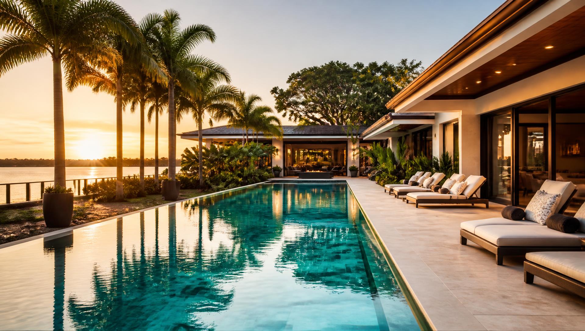 Piscina de borda infinita ao entardecer construída pela Hidroágua Piscinas